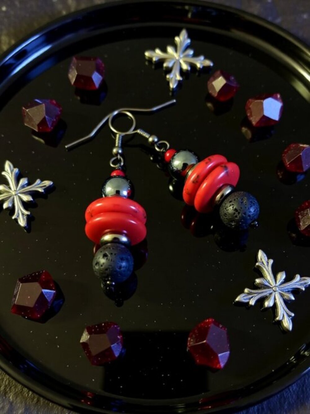 Red Gray & Black! Statement Dangle Earrings: Lava Rock, Hematite, Red Howlite